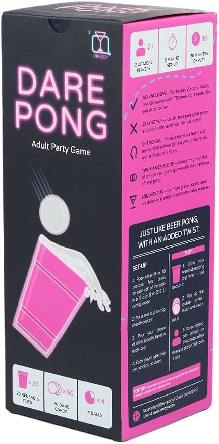 Dare Pong - Full Beer Pong Set and 50 Coasters with Dares, Perfect and Fun Drinking Games, Adult Board Games, Great for Bachelorette Party, Couples Games and Adult Games for Game Night