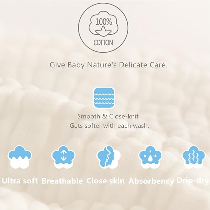 MUKIN Baby Washcloths - Natural Cotton Baby Wipes - Soft Newborn Face Towel and Washcloth for Sensitive Skin, Registry as Shower, 5 Pack 12x12 inches