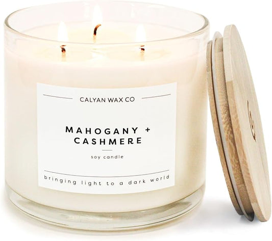 Calyan Wax Co. Mahogany & Cashmere 3 Wick Scented Candle - 43 Hour Burn - Luxury 3 Wick Soy Candles - Clean Soy Wax Candles - Long Lasting Large Glass Jar Candle for Home - 14.9oz