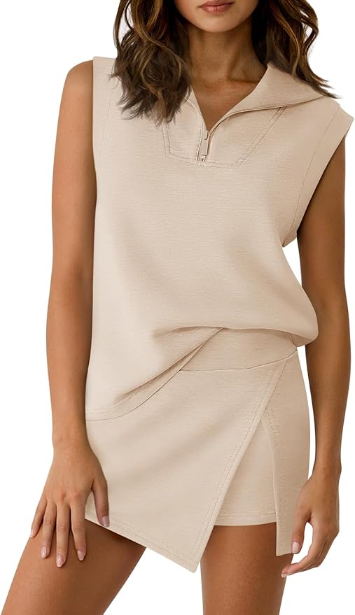 Fisoew Womens 2 Piece Skirt Sets Summer Sleeveless Half Zip Sweatshirt Athletic Skorts Tennis Outfits Casual Sweatsuits