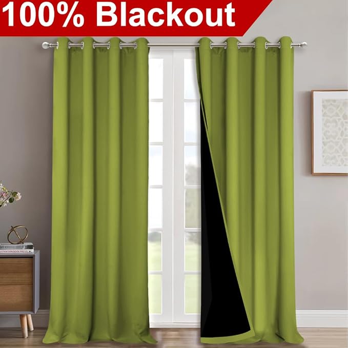 NICETOWN 100% Blackout Curtains for Windows, Pack of 2, Fresh Green, 52" W x 102" L, Super Heavy-Duty Black Lined Total Darkness Drapes for Bedroom, Privacy Assured Window Treatment for Patio