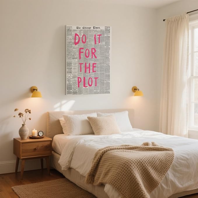 Do It For The Plot Vintage Newspaper Poster Retro Motivational Pink Wall Art Positive Daily Reminder Motivational Quote Print for Bedroom Office Home Decor Aesthetic 24x36inch Wrapped Framed