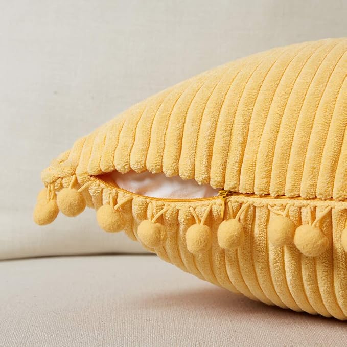 Fancy Homi Pack of 2 Boho Yellow Decorative Throw Pillow Covers with Pom-poms, Soft Corduroy Accent Solid Square Cushion Cases Set for Couch Sofa Bedroom Car Living Room (16x16 Inch/40x40 cm, Yellow)