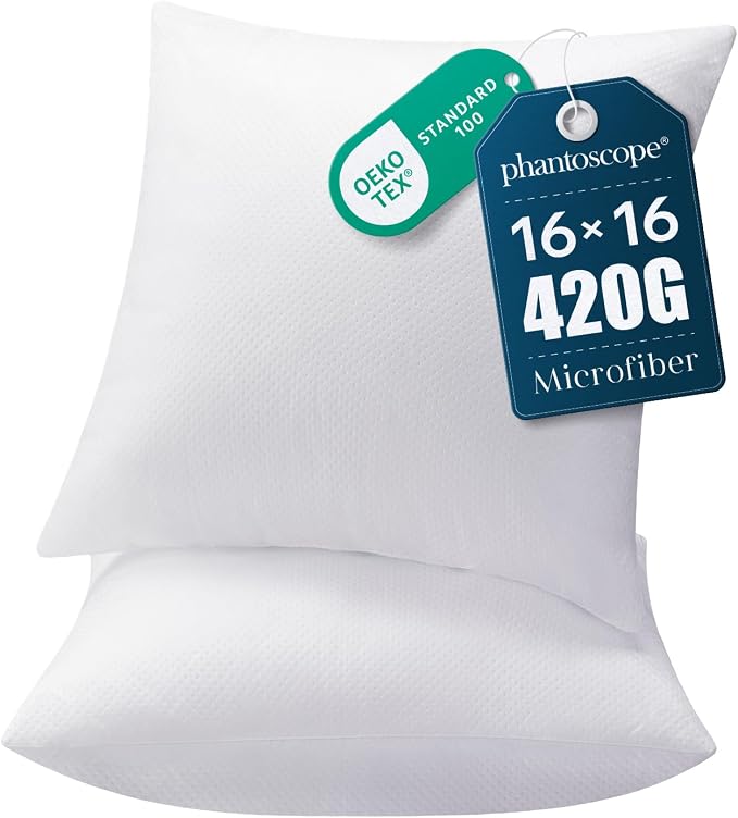 Phantoscope 16x16 Pillow Inserts, Throw Pillow Inserts for Couch, Pack of 2 | 100% Virgin Fiber Hypoallergenic Pillow Form, Soft Throw Pillow Inserts, Lightweight Throw Pillows for Couch Bed Pillows