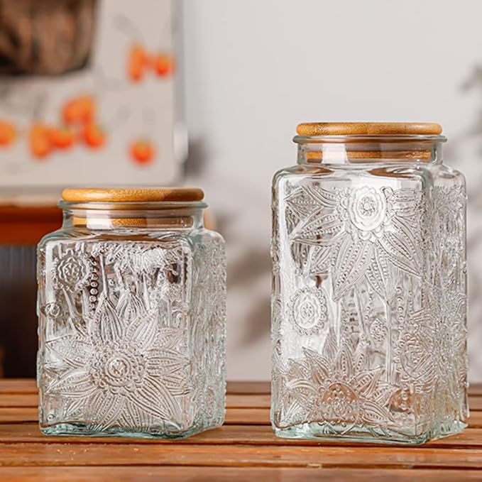 Square Glass Jar with Lid, 34oz Airtight Coffee Canister | Coffee Grounds Container, Glass Food Storage Container for Candy, Tea, Sugar, Decorative Mason Jar