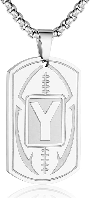 Initial A-Z Dog Tag Necklace for Men - Football Charm Pendant, Stainless Steel Chain 22+2 Inches, Personalized Sports Athletes Jewelry Gift
