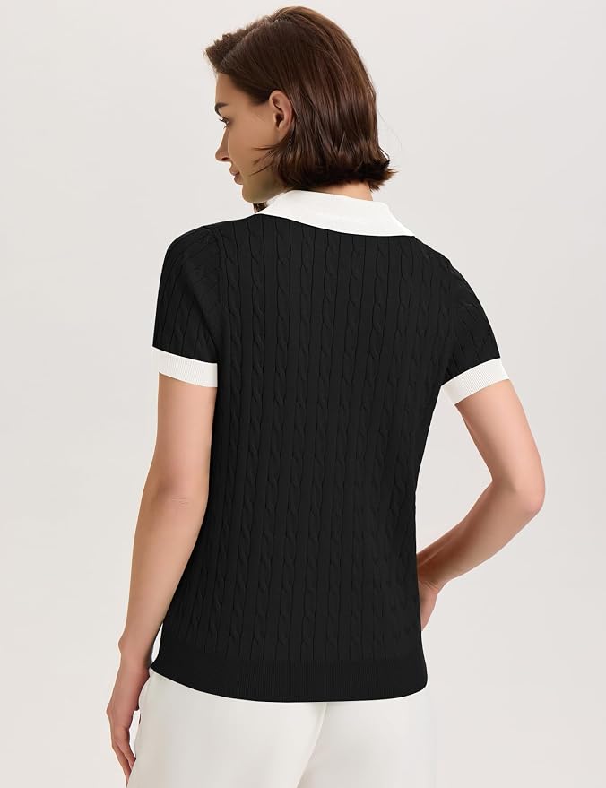Micoson Womens Short Sleeve Sweater Tops Lapel V Neck Polo Shirts 2026 | Summer Cable Knit Loose Blouses, Business Casual Outfits