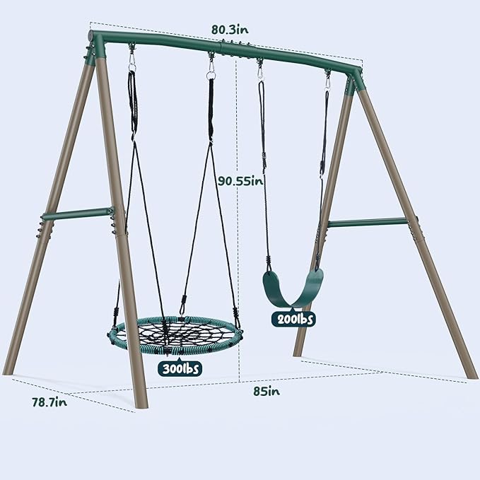 Hapfan 7.5ft Tall Swing Sets for Backyard, 500lbs Heavy Duty Metal Swing Set for Kids and Adults with Spider Swing and Belt Swing, A-Frame Outdoor Swingset Play Equipment(Green and Brown)