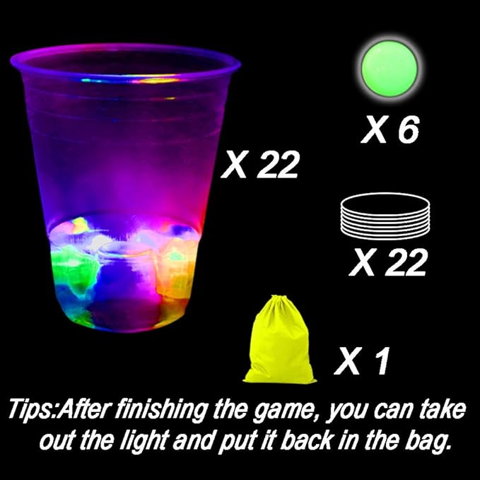 Glowing Party Beer Pong Game for Indoor Outdoor Party Event Fun, Pack with Flashing Color Bright Glow-in-The-Dark Colors for House Parties Birthdays Concerts Weddings BBQ Beach Holidays