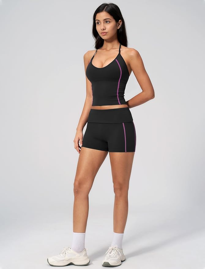 QBGJTD Women 2 Piece Workout Set Color Block Open Back Halter Top and High Waist Booty Lifting Shorts Yoga Outfit