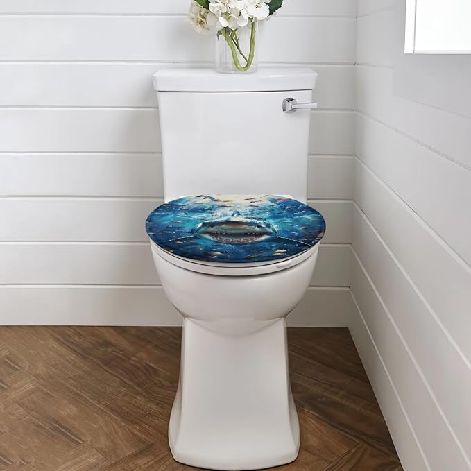 Ocean Shark Oblong Toilet Seat Cover Elongated Toilet Seat Cover Soft Toilet Seat Cover Machine Washable Blue Toilet Cover Seat Bathroom Decoration