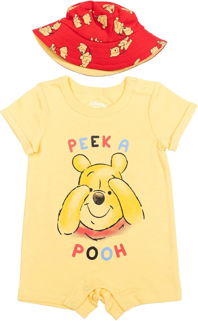 Disney Baby Romper and Reversible Bucket Sun Hat Outfit Set Newborn to Infant Sizes (Newborn - 24 Months)