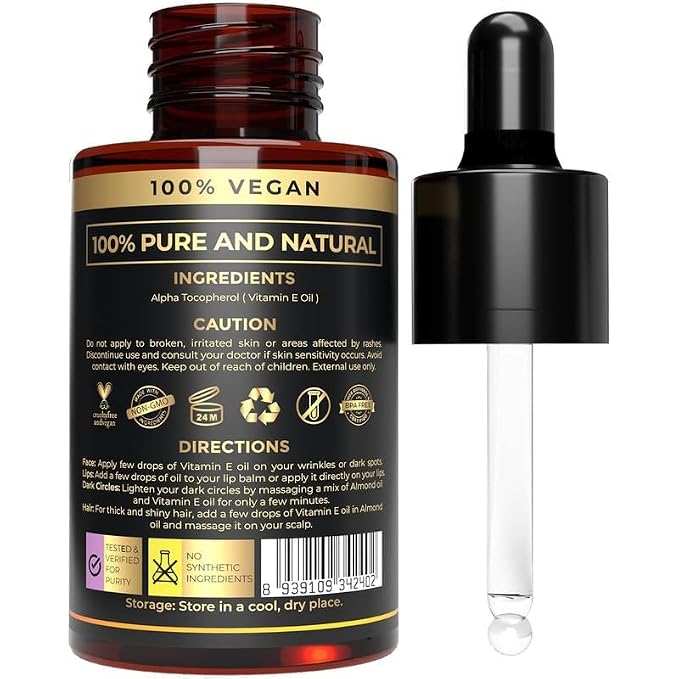 Vitamin E Oil - Cold Pressed for Skin, Face & Hair| 100% Pure Body Oil After Shower | Acne, Spots & Marks | Nails Moisturizer & Cuticle Care | Soap Making Supplies