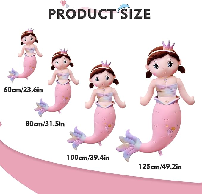 Mermaid Stuffed Animal Plush, 49.2in Cute Soft Pink Hugging Mermaid Plushies Pillow Toys Kawaii Birthday Gift for for Adults Kids Boys Girls