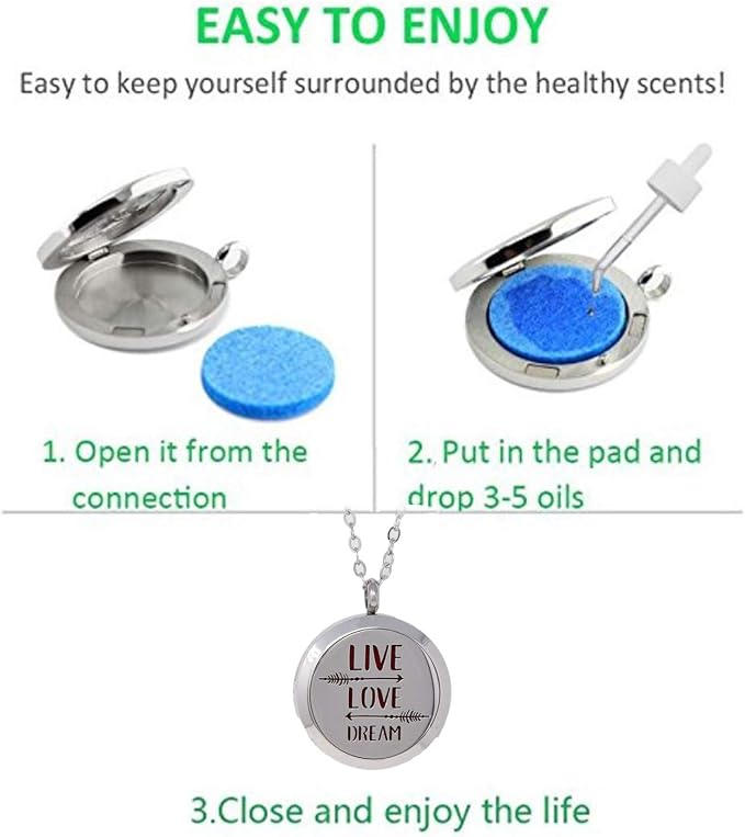 Aromatherapy Essential Oil Diffuser Stainless Steel 30MM Silver Magnetic Locket Pendant 2 Sizes Chain Necklace, Refill Pads & Diffuser Bracelet in a Velvet Bag (Live Love Dream)