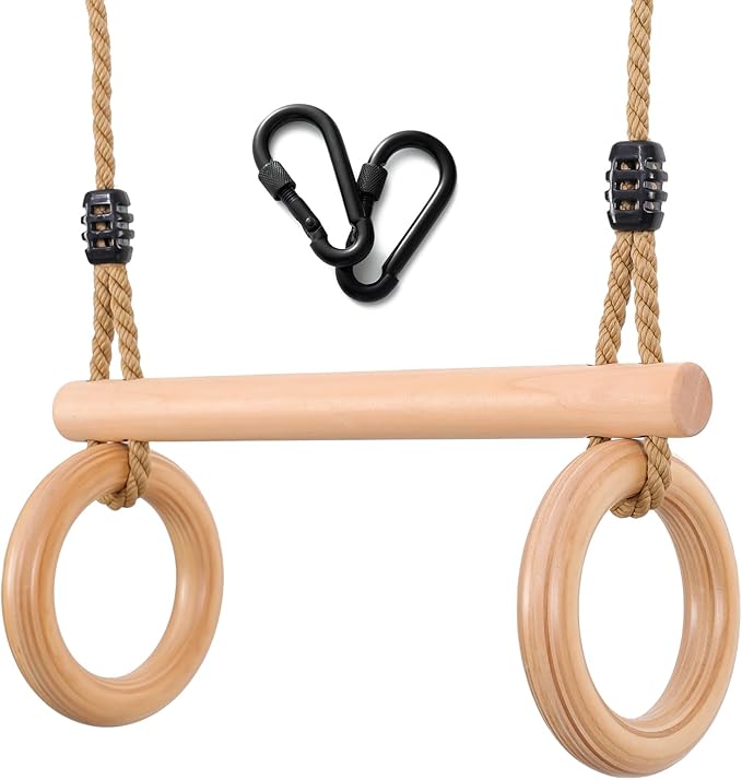 YAERSI Children's Trapeze Swing Bar with Wooden Gym Rings,Trapeze Bar for Swing Set