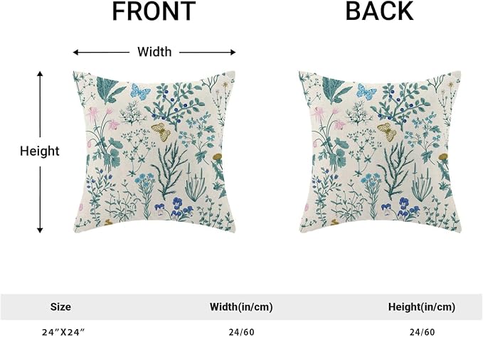 AEIOAE Spring Pillow Covers 24x24 Inch Set of 2,Blue Teal Wild Flower Plant Throw Pillows Case,Seasonal Floral Outdoor Decorative Square Linen Farmhouse Decor Cushion Covers for Home Sofa Bed Couch
