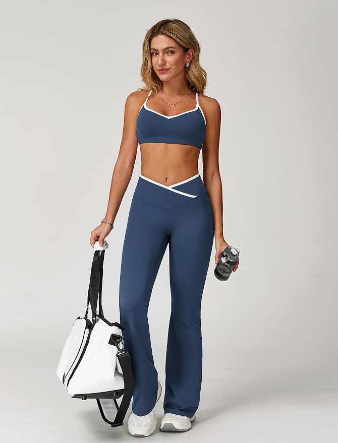 ABOCIW Workout Sets for Women 2 Piece Color Block Strappy Sports Bra High Waist Shorts Gym Yoga Pilates Outfits