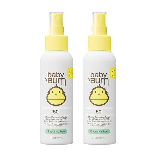 Sun Bum Baby Bum SPF 50 Sunscreen Spray | Mineral Uva/Uvb Face & Body Protection for Sensitive Skin | Fragrance Free | Travel Size | 3 fl oz | 2 Pack