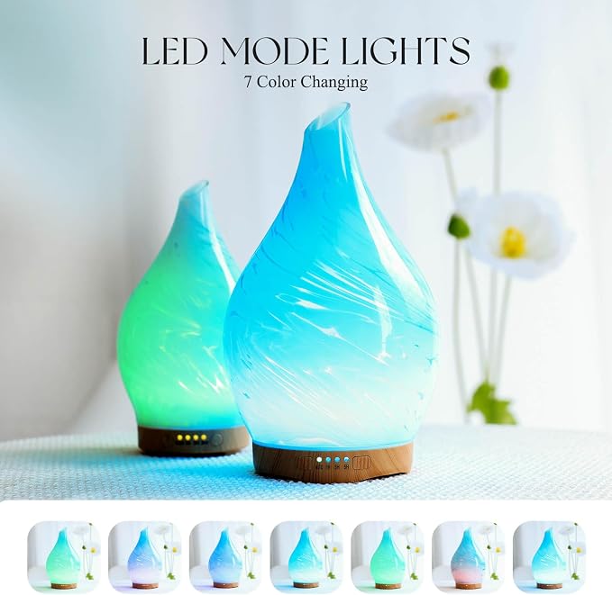 Porseme 280ml Essential Oil Diffuser Glass Color Changing Aroma Air Diffusers Aromatherapy Ultrasonic Cool Mist Humidifier 7 Running Hours Waterless Auto-off for Sleeping, Yoga, Office, Spa(Blue Wave)
