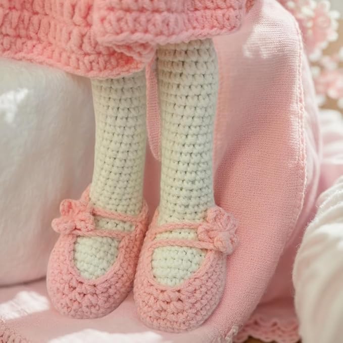 Knitted Stuffed Animal for Baby, Lop Eared Rabbit, Pink Dress Crochet Rabbit Baby Toys, Rattle Bunny Sleeping Toy for 3 4 5 Year Old Girl(10.6 Inches)