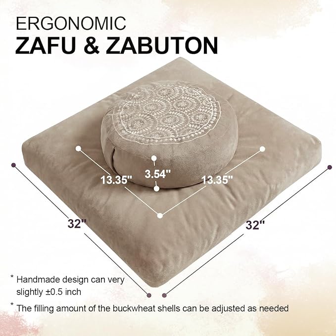 ellier Meditation Cushion Set-Large Velvet Floor Pillow & Traditional Tibetan Yoga Bolster for Adults,Zafu Meditation Mat with Buckwheat,Zabuton Meditation Cushion with Memory Foam