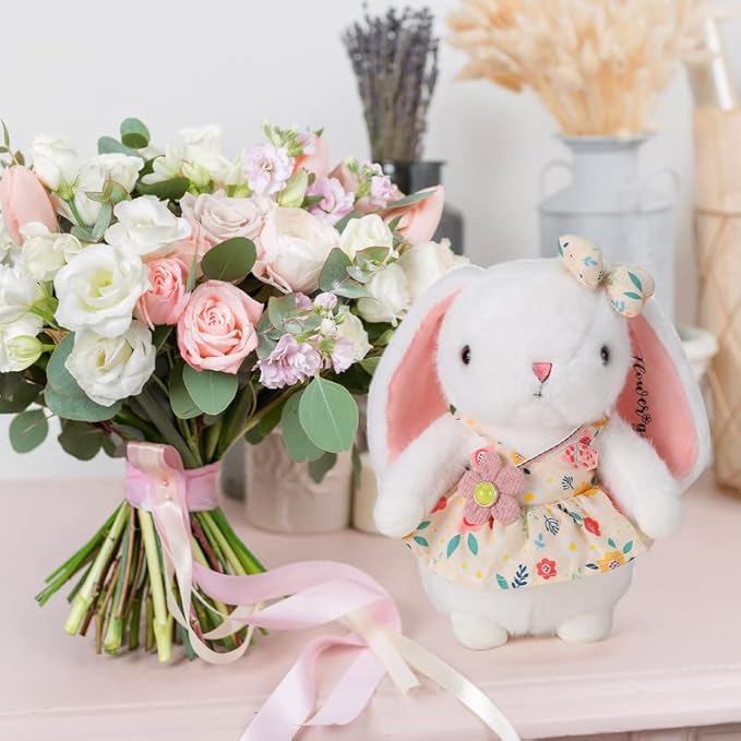 Meooeck Flower Girl Stuffed Animal Bunny Plush Toy with Embroidered Flower 10" Cute Bunny Doll Bride Gifts for Wedding Party Proposal Decorations (2 Pcs)