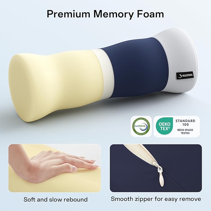 Neck Roll Pillow - Cooling Cover Round Neck Pillow for Sleeping - Memory Foam Cervical Support Pillow - Ergonomic Cylinder Pillows for Neck, Leg, Back, Yoga, Relaxing (Blue White)