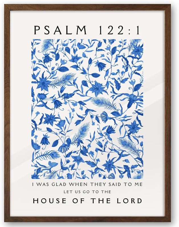 EcoHest 12x16 in Psalm 122:1 Blue Floral Framed Christian Wall Art | Walnut Color Solid Oak Frame， Canvas Wall Art, Botanical Scripture Wall Decor for Bedroom, Living Room, Office, Church, 1Pack