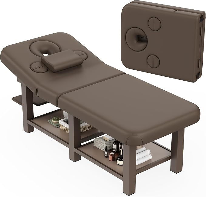 Extra Large 34''×80'' Folding Stationary Massage Table with Adjustable Backrest, Heavy-Duty Metal Frame PU Leather Treatment Bed for Spa, Physical Therapy, Tattoo, Facial & Medical Exam - Brown