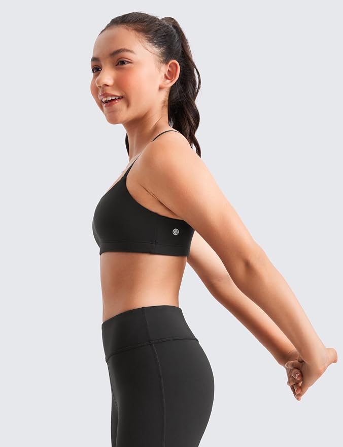 CRZ YOGA Girls Butterluxe Adjustable Spaghetti Strap Sports Bra - Yoga Athletic Casual Scoop Neck Crop Padded Kids Teen
