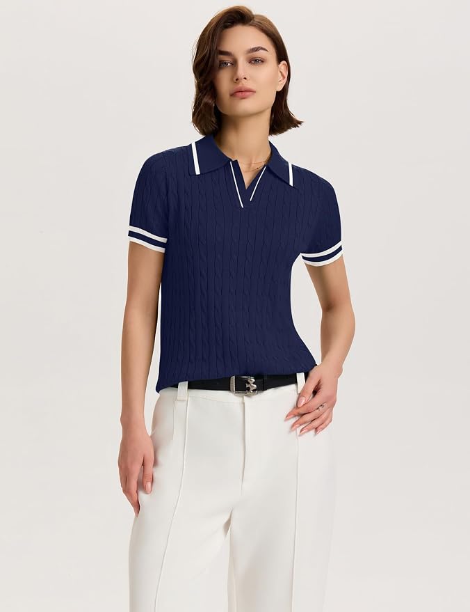 Micoson Womens Short Sleeve Sweater Tops Lapel V Neck Polo Shirts 2026 | Summer Cable Knit Loose Blouses, Business Casual Outfits