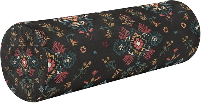 Black Boho Flower Neck Roll Pillow Bolster Round Health Memory Foam Long Cervical Cylinder Pillows with Removable Washable Cover for Body Bed Legs Back Yoga