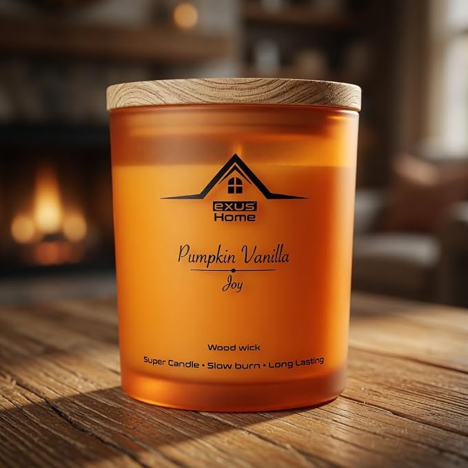 Exus Hand Crafted, Soy Wax, Wood Wick, Aromatic Candle. Non-Toxic (Pumpkin Vanilla/Joy)