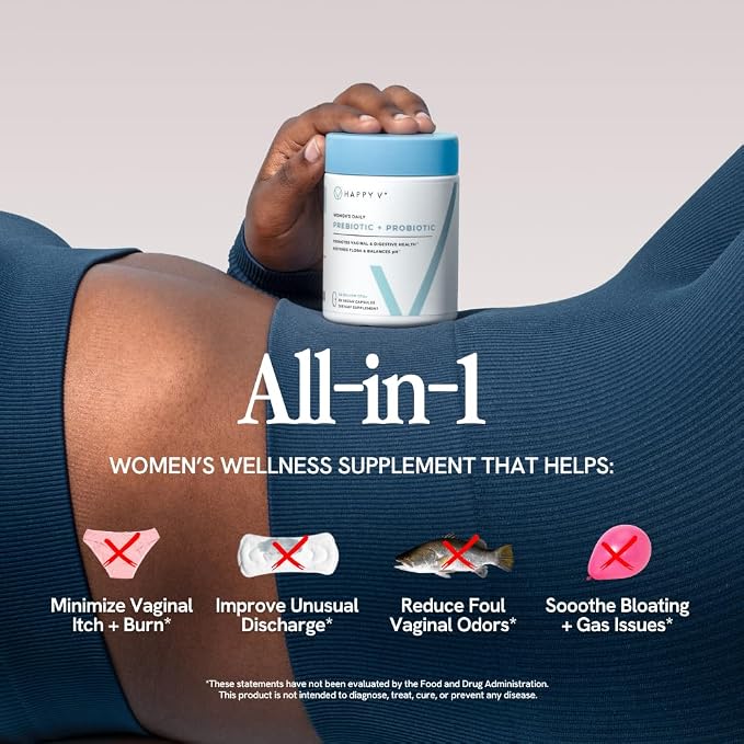 Happy V Dr. Formulated Vaginal Probiotics for Women Odor & Itch Support, Urinary & Gut Health, pH Balance | Womens Daily Probiotic with Patented Prebiotics & Lactobacillus for Feminine Wellness