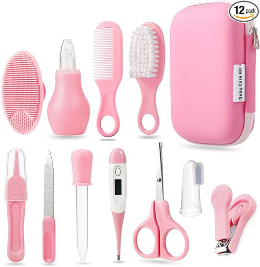 PandaEar Baby Healthcare and Grooming Kit, 12-in-1 Pink, Baby Comb, Brush, Finger Toothbrush, Nail Clippers, Scissors, Nasal Aspirator, Plastic, Pink