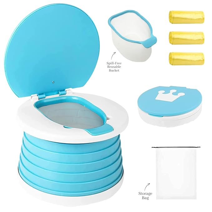 Portable Toddler Travel Potty with Silicone Insert – Foldable Potty Chair for Car & Road Trips, Spill-Resistant Training Toilet, Compact Emergency Potty, Includes Disposable Bags - Blue
