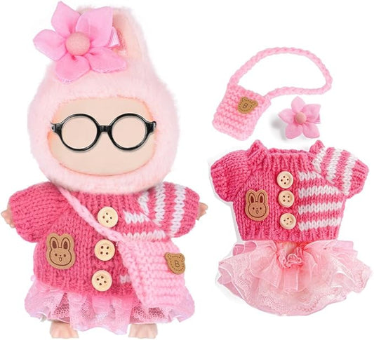 Fashion 17cm Doll Clothes Accessories Set Include: Flower Hairpin, Bag, Sweater and Dress- Cute Clothes for Dress up Your Dolls (Doll Not Included),Pink with Dress
