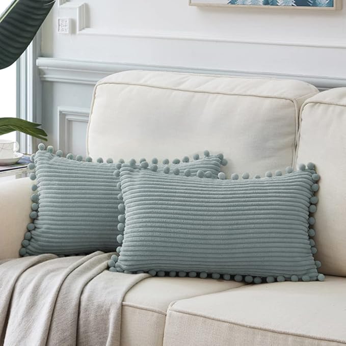 Fancy Homi Pack of 2 Farmhouse Lumbar Decorative Throw Pillow Covers with Pom-poms, Soft Corduroy Solid Rectangle Cushion Cases Set for Couch Sofa Bedroom Living Room (12x24 Inch/30x60 cm, Grey Blue)