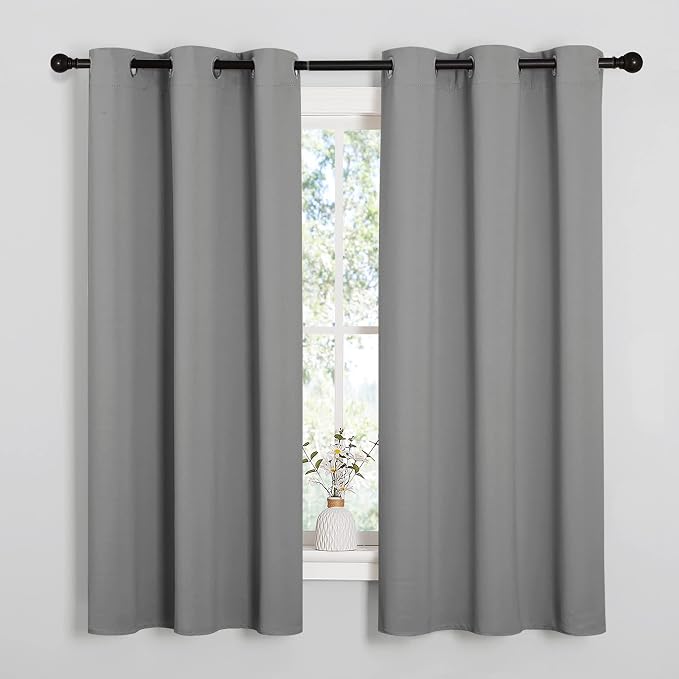 NICETOWN Silver Grey Thermal Insulated Grommet Blackout Curtains, Kids Window Drape Panel for Nursery, Privacy Short Curtains (2 Panels, W42 x L48 -Inch)
