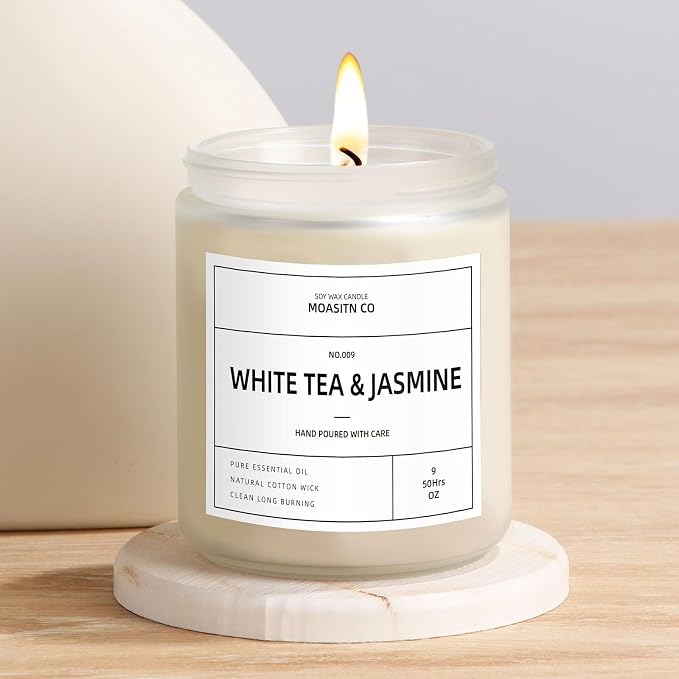 White Tea & Jasmine Candle for Home Scented| Natural Soy Non Toxic Candles| Long Clean Burning Aromatheraphy Jar Candel| Women,Men Gift for Autumn,Winter, Halloween,Relaxing| 9oz