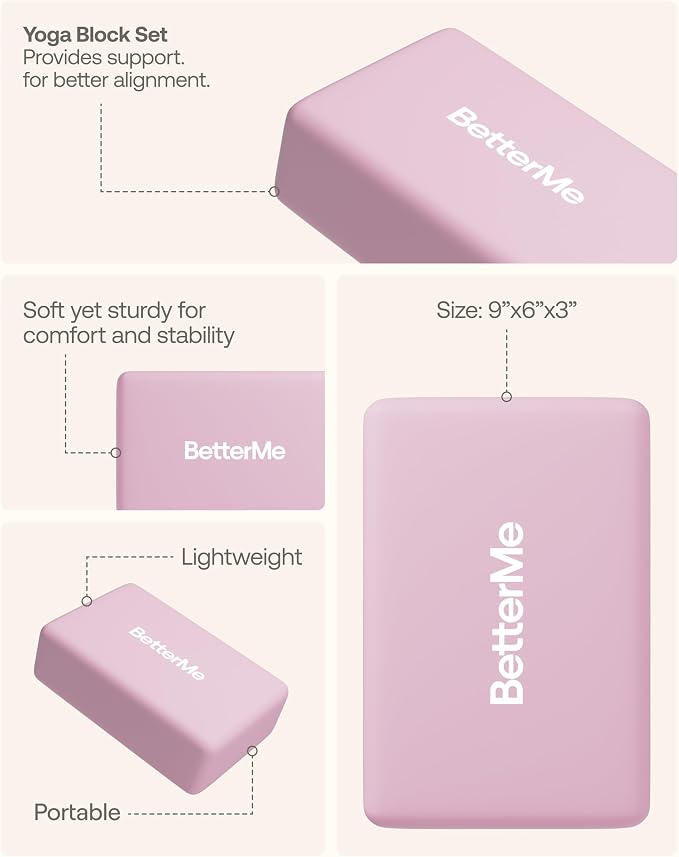 BetterMe Yoga Blocks Set of 2 – High Density Foam Yoga Blocks for Stretching, Pilates & Workouts – Lightweight Non-Slip Exercise Blocks for Flexibility & Balance