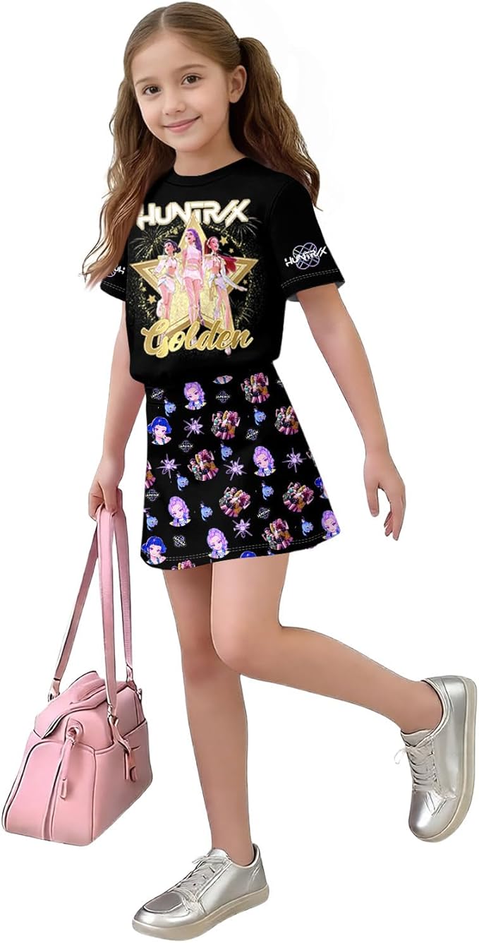 HTHLVMD K Pop Short Sleeve T-Shirt and Skirts Outfits Set for Girls Hunters Rumi Mira Zoey Graphic Tees De-Mon Costume