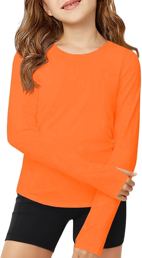 ZDC Girls Long Sleeve Athletic Shirts Kids Crewneck Quick Dry Workout Yoga Tops Basic Tees Activewear