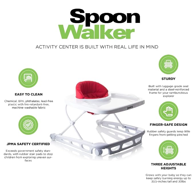 Joovy Spoon Baby Walker & Activity Center Featuring Three Adjustable Heights, Extra-Large Tray, and 30 lb Weight Capacity - JPMA Safety Certified, Red