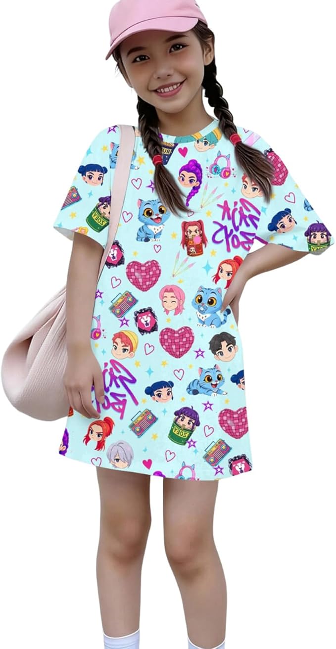 Girl's Anime K-POP Graphic Long Dress T-Shirt - Casual Loose Fit Short Sleeve Top