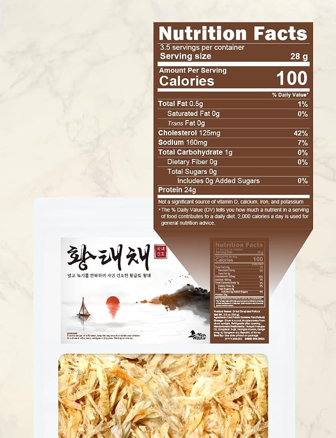 NICE WITCH'S Dried Pollack Shredded 100g / 3.5oz - Naturally Air-Dried in Korea, High-Protein Soup Ingredient Naturally Processed Seafood in Korea 국내건조 황태채