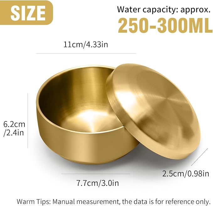 Stainless Steel Rice Bowl with Lid, Set of 2, for Korean Kitchen Restaurant, Double-walled Metal Bowls, Multi-Purpose Insulated Soup Bowls Snacks Bowls (10.5cm Gold)