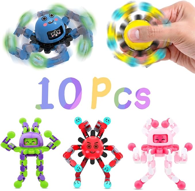 10 Pcs Transformable Fidget Spinner Toys for Kids, Stress Relief Sensory Toys for Autism ADHD, Birthday Party Favors, Easter Basket Essentials, Classroom Prizes, Stocking Stuffers for Boys Girls