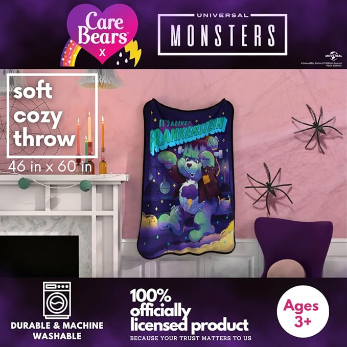 Care Bears X Universal Monsters Frankenstein Bedding Super Soft Plush Throw, 46 in x 60 in, (Officially Licensed Product) by Franco Collectibles